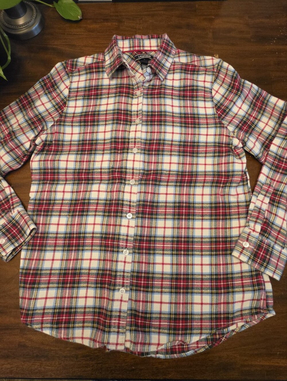 Lands' End Women's Plaid Flannel Button Down Shirt Red Cream Size 10